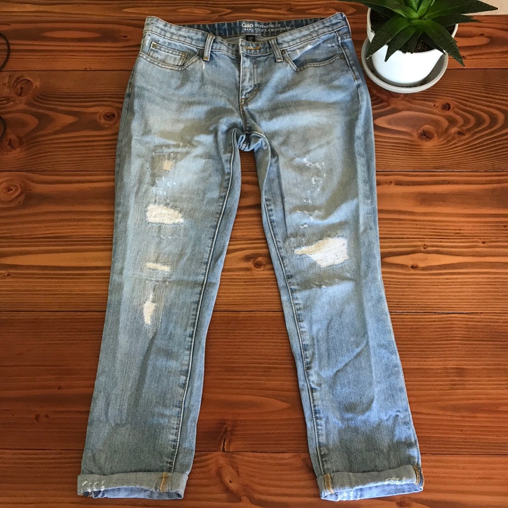 Gap distressed medium indigo boyfriend jeans